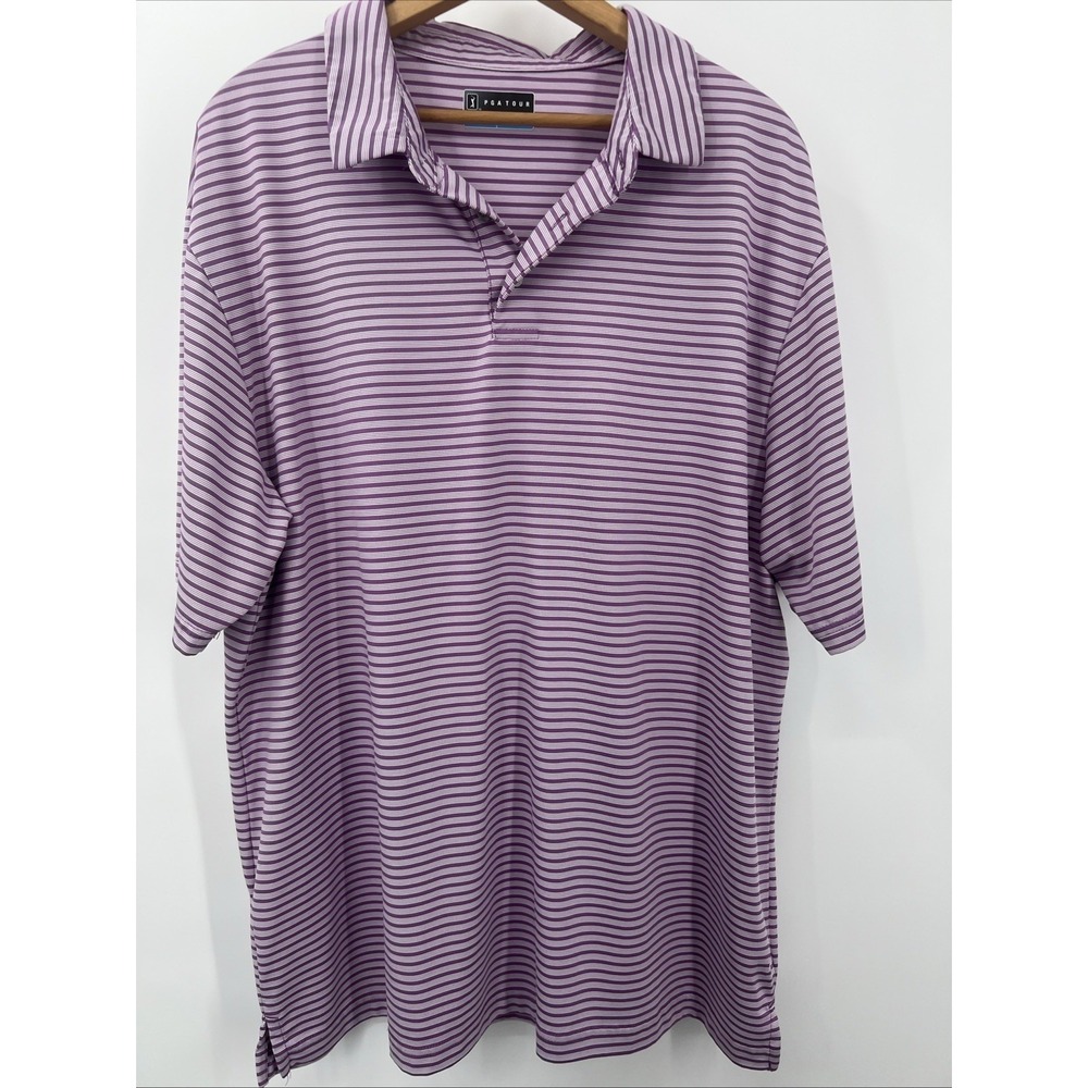 PGA Tour Men's Performance Golf Polo Shirt XL Purple & White Stripes